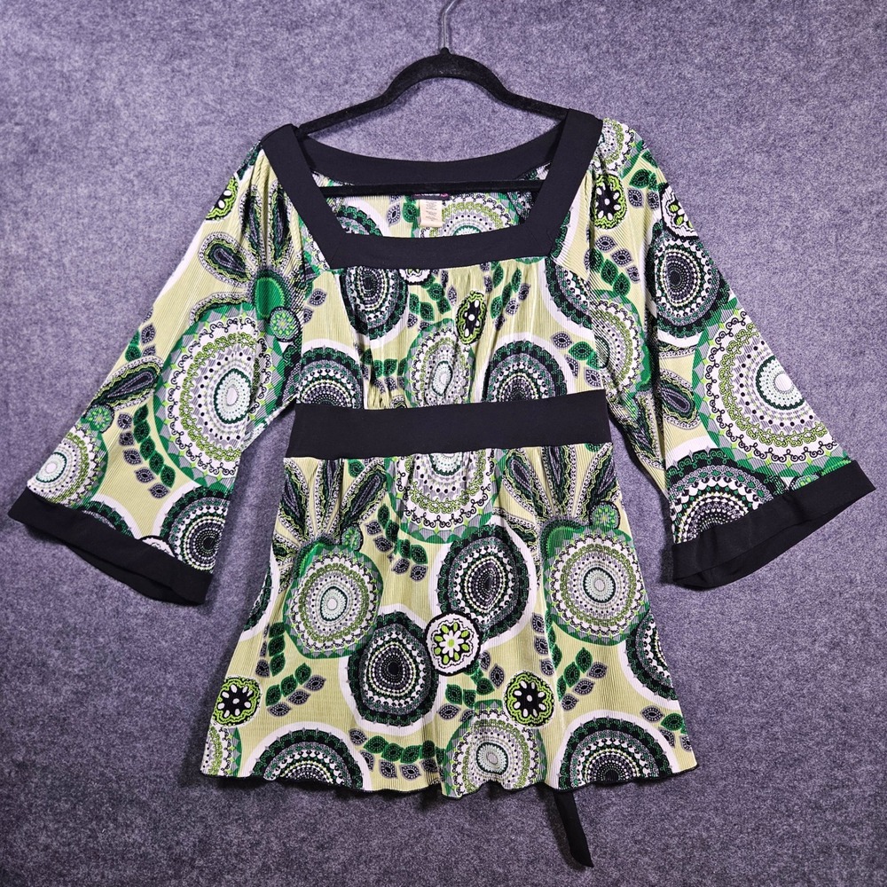 Womens Y2K Geometric Pleated Square Neck Bell Sleeve Tunic Whimsigoth Sz XL